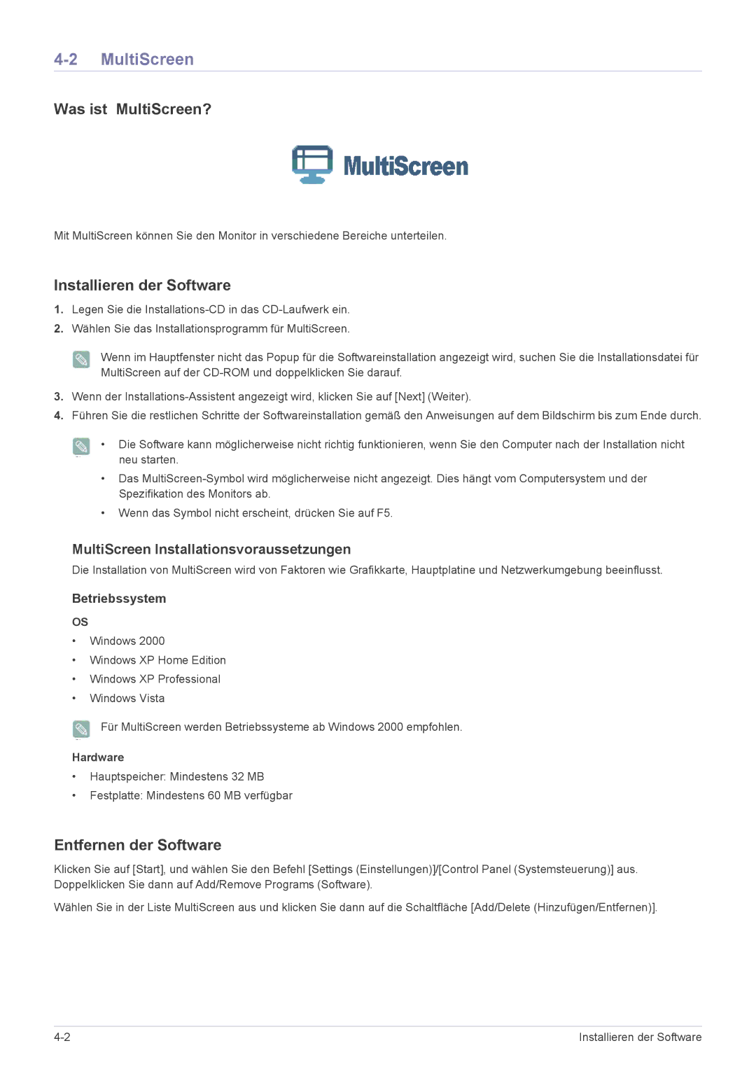 Samsung LS20CFVKF/EN manual Was ist MultiScreen?, Installieren der Software, Entfernen der Software, Hardware 