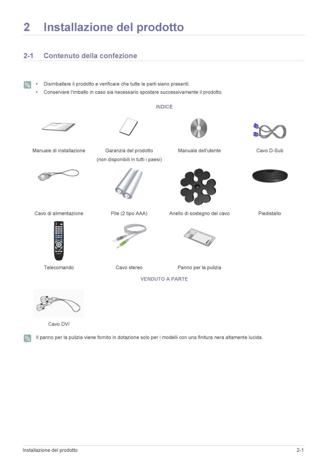 Samsung LS20CFVKF/EN manual Contenuto della confezione, Indice, Venduto a Parte 