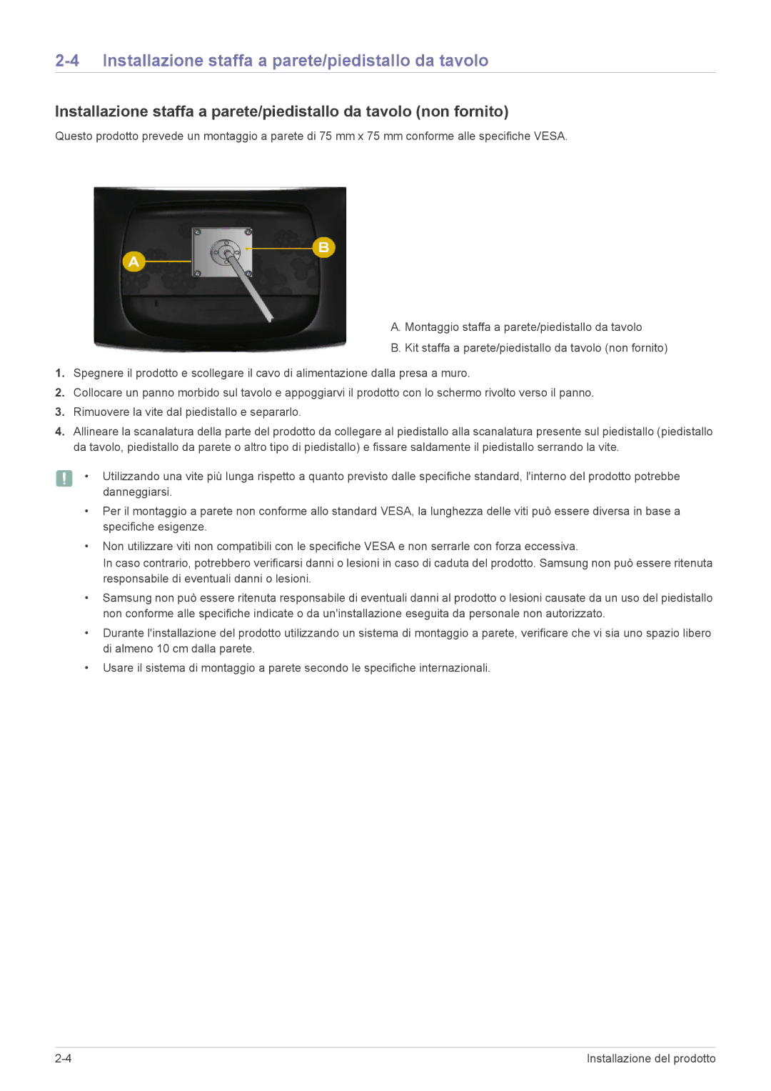 Samsung LS20CFVKF/EN manual Installazione staffa a parete/piedistallo da tavolo 