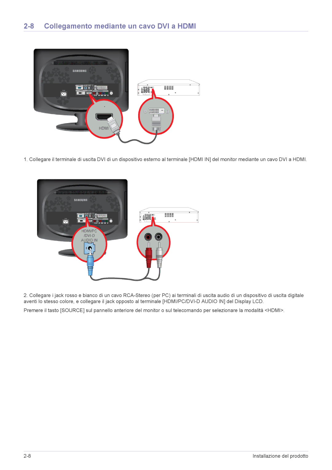 Samsung LS20CFVKF/EN manual Collegamento mediante un cavo DVI a Hdmi 