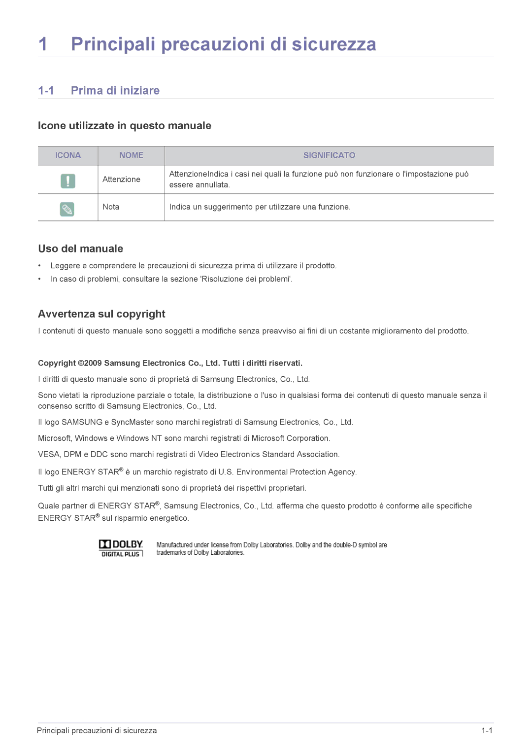 Samsung LS20CFVKF/EN Prima di iniziare, Icone utilizzate in questo manuale, Uso del manuale, Avvertenza sul copyright 