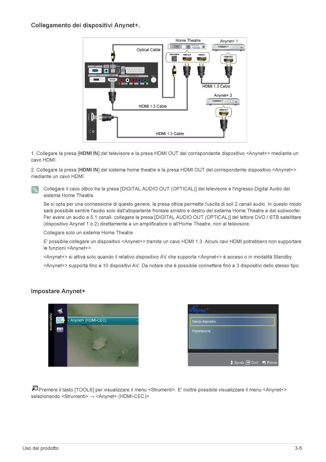 Samsung LS20CFVKF/EN manual Collegamento dei dispositivi Anynet+ 