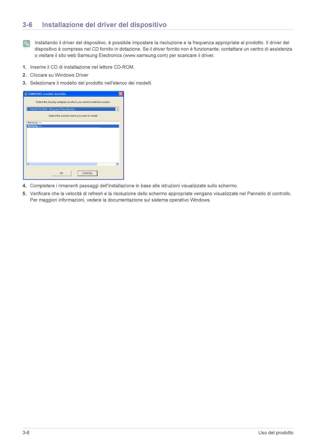 Samsung LS20CFVKF/EN manual Installazione del driver del dispositivo 