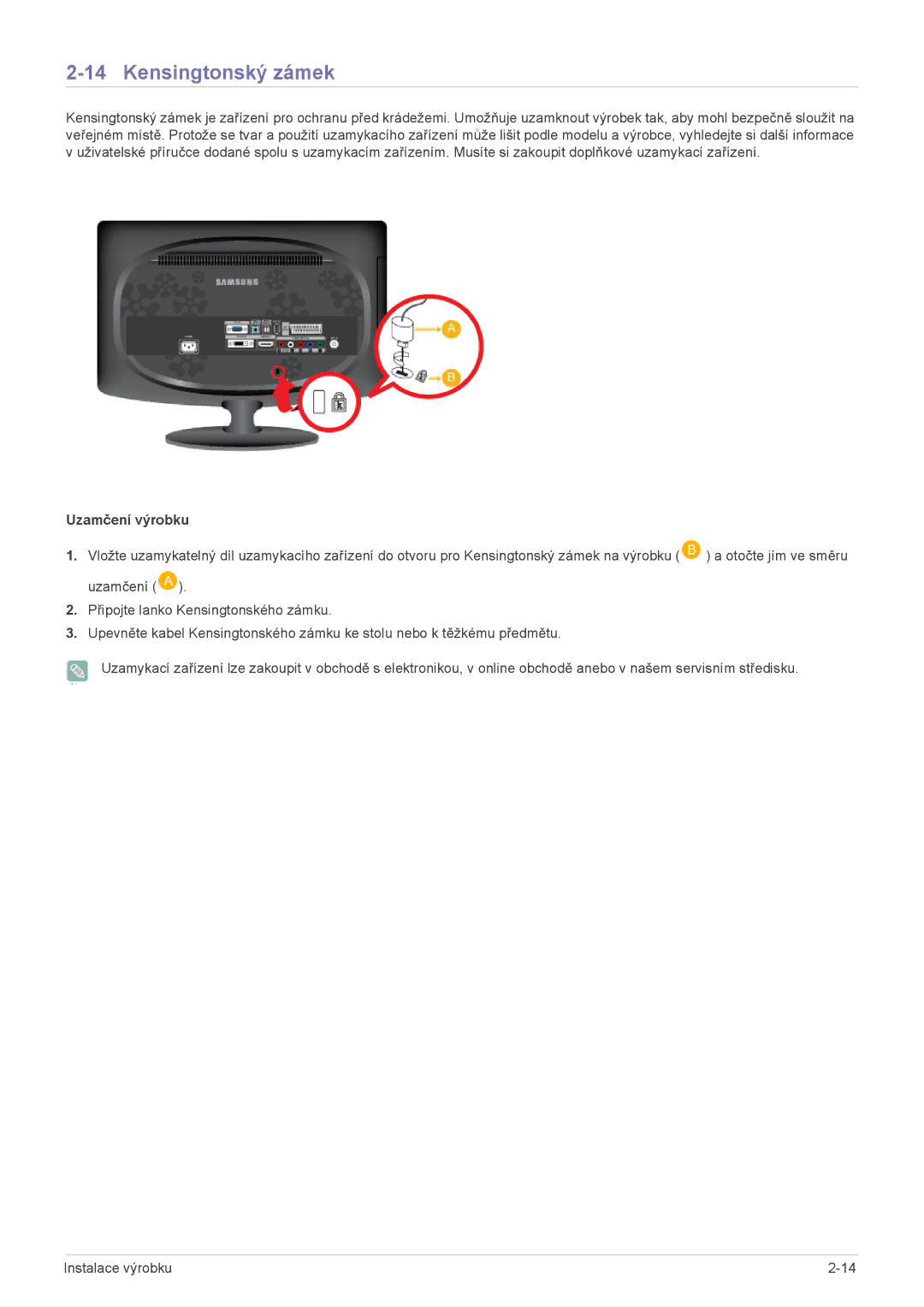 Samsung LS20CFVKF/EN manual Kensingtonský zámek, Uzamčení výrobku 