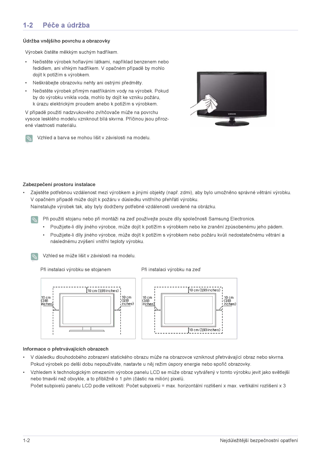 Samsung LS20CFVKF/EN manual Péče a údržba, Údržba vnějšího povrchu a obrazovky, Zabezpečení prostoru instalace 