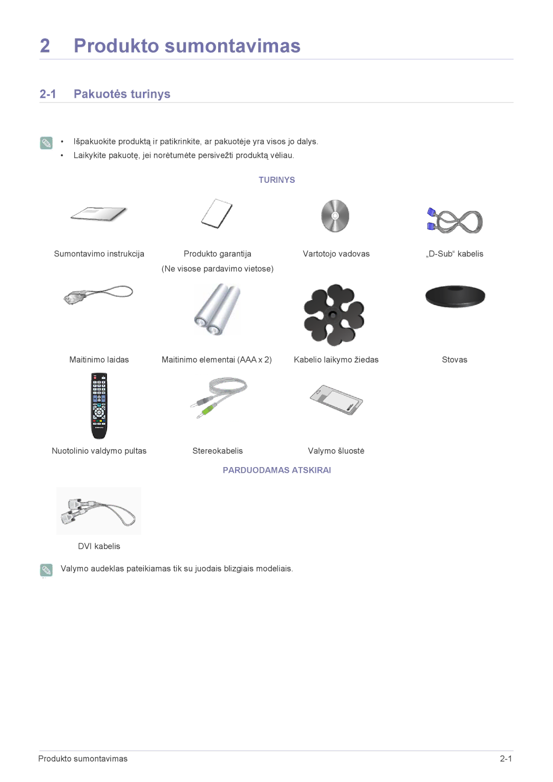 Samsung LS20CFVKF/EN manual Pakuotės turinys, Turinys, Sumontavimo instrukcija, Vartotojo vadovas, Parduodamas Atskirai 