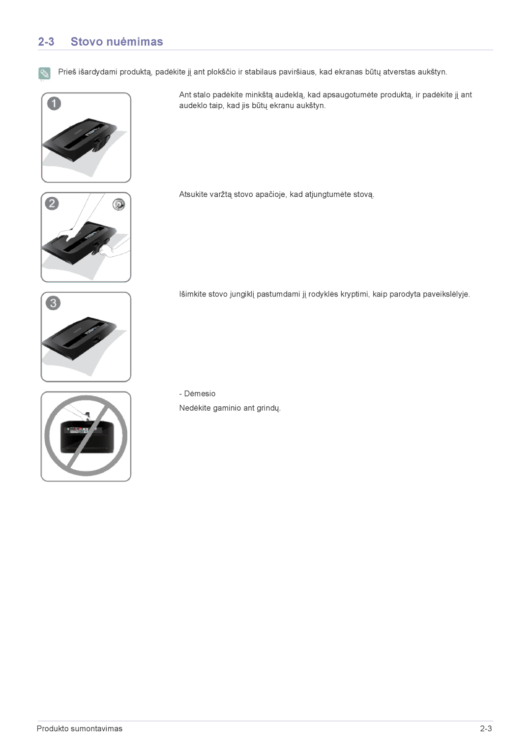 Samsung LS20CFVKF/EN manual Stovo nuėmimas 