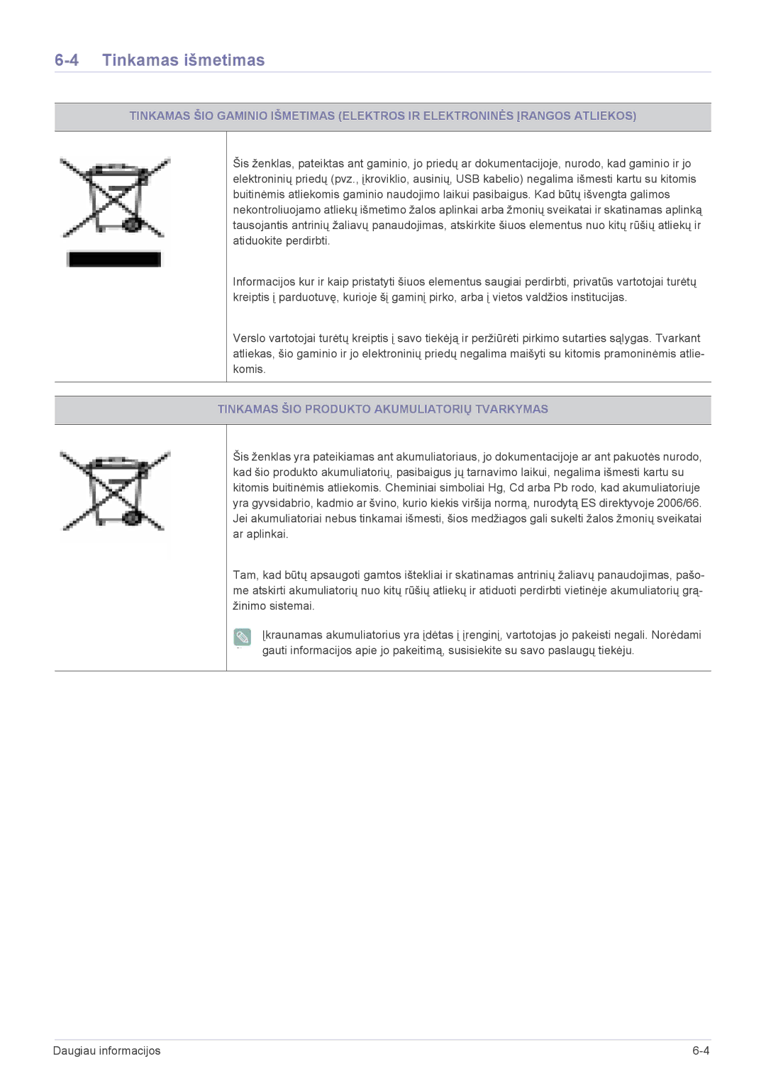 Samsung LS20CFVKF/EN manual Tinkamas išmetimas, Tinkamas ŠIO Produkto Akumuliatorių Tvarkymas 