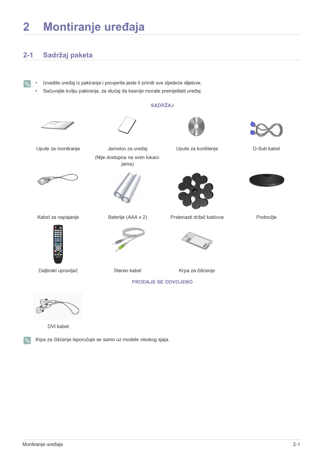 Samsung LS20CFVKF/EN manual Sadržaj paketa, Prodaje SE Odvojeno 