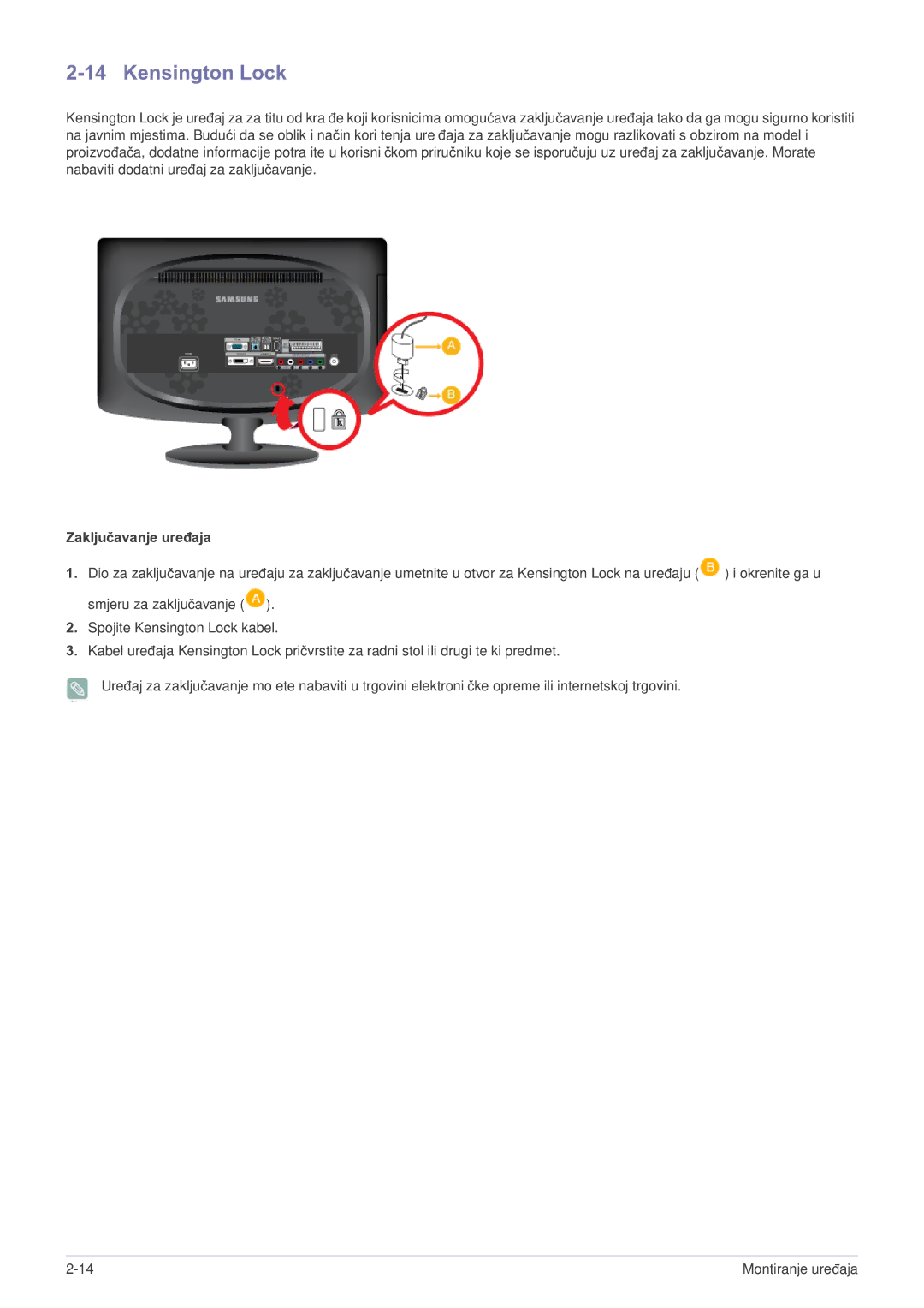 Samsung LS20CFVKF/EN manual Kensington Lock, Zaključavanje uređaja 