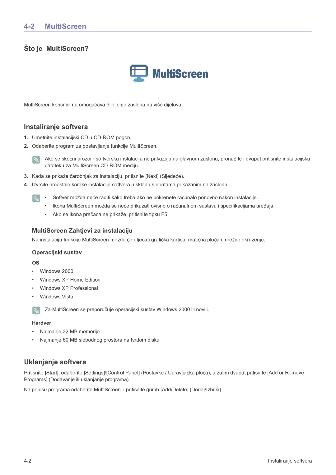 Samsung LS20CFVKF/EN manual Što je MultiScreen?, Instaliranje softvera, Uklanjanje softvera, Hardver 