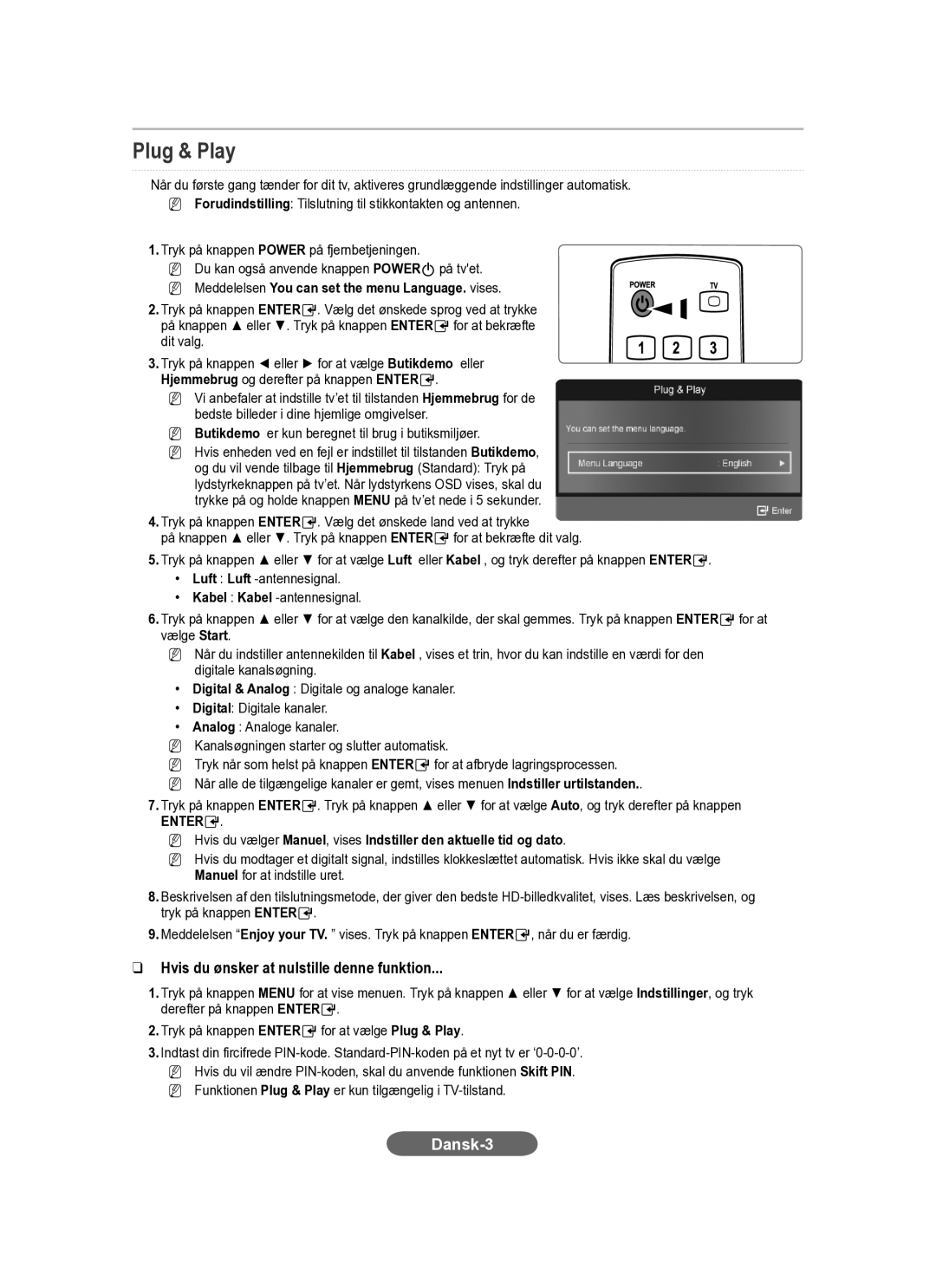 Samsung LS20CFVKF/XE manual Hvis du ønsker at nulstille denne funktion, NN Meddelelsen You can set the menu Language. vises 