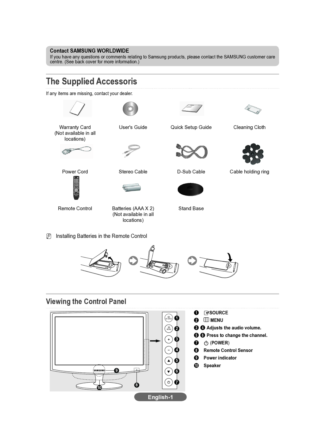 Samsung LS20CFVKF/XE Viewing the Control Panel, Contact Samsung Worldwide, Remote Control Sensor Power indicator Speaker 