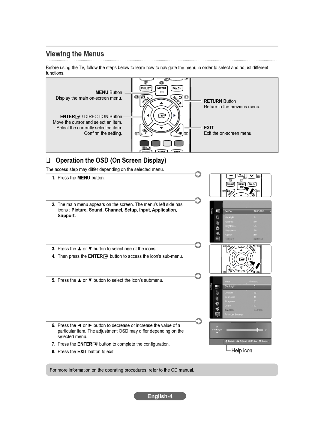 Samsung LS20CFVKF/XE manual Viewing the Menus, Return Button, Support 