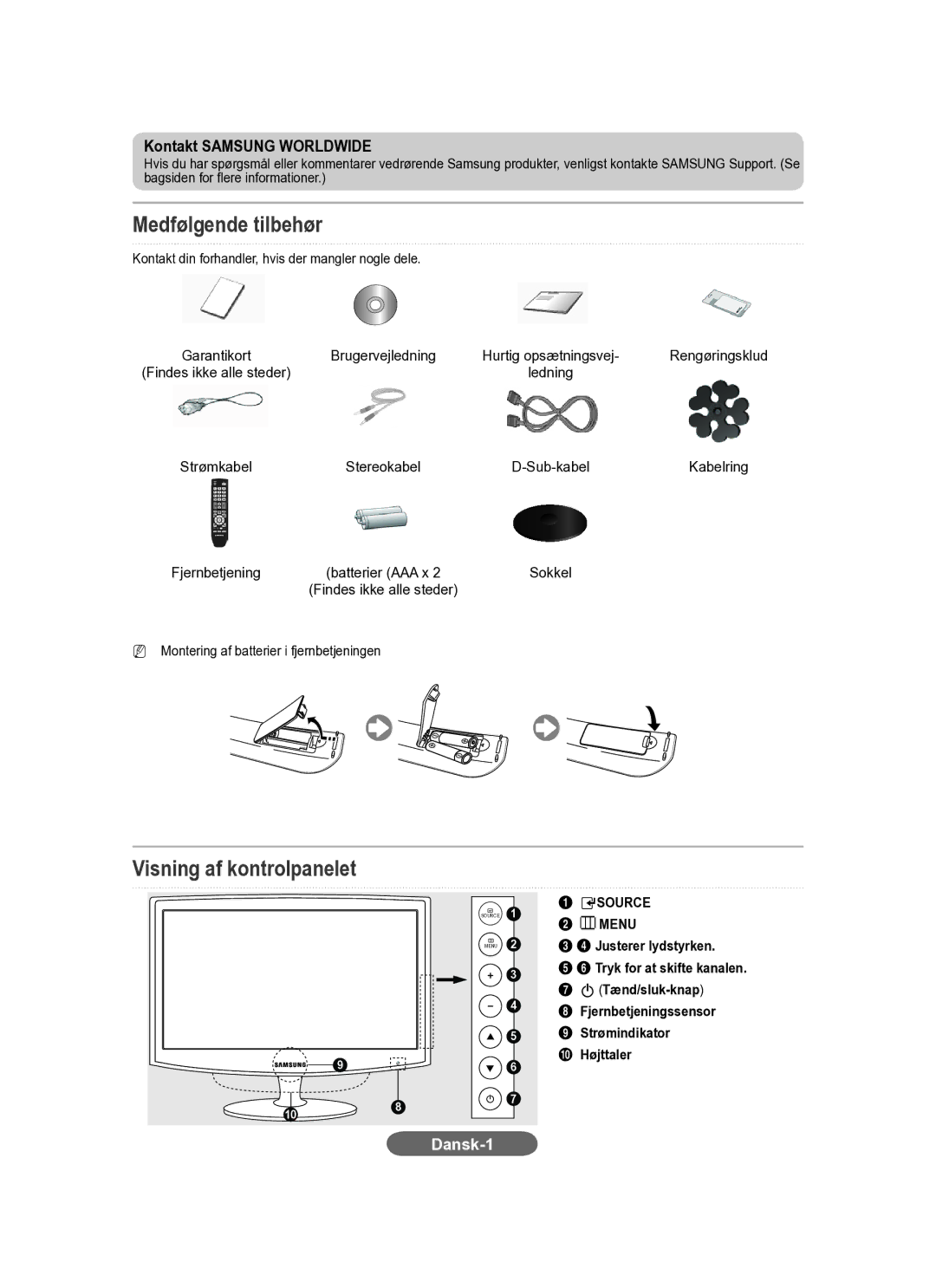 Samsung LS20CFVKF/XE manual Medfølgende tilbehør, Visning af kontrolpanelet, Kontakt Samsung Worldwide 