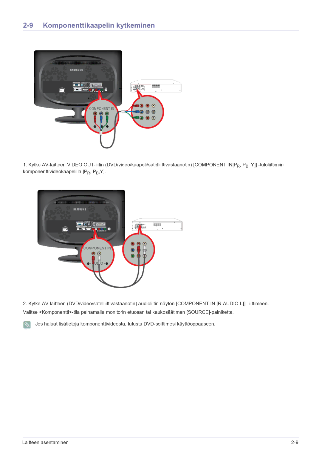 Samsung LS20CFVKF/XE manual Komponenttikaapelin kytkeminen 