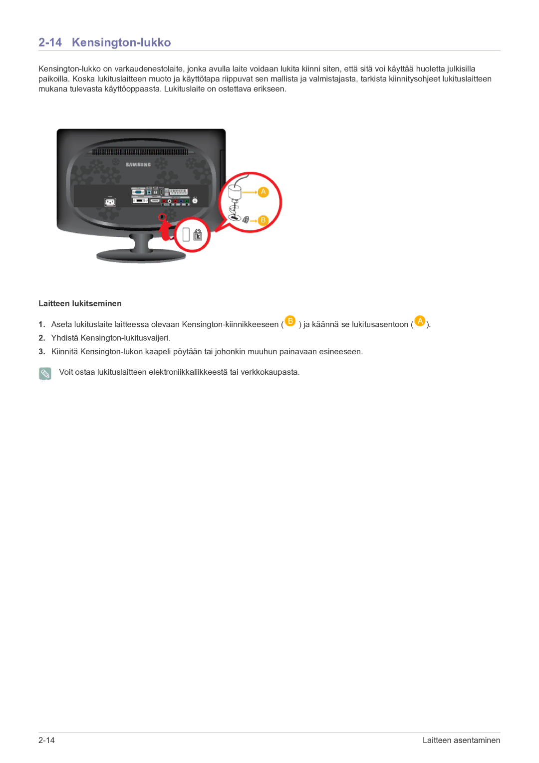 Samsung LS20CFVKF/XE manual Kensington-lukko, Laitteen lukitseminen 