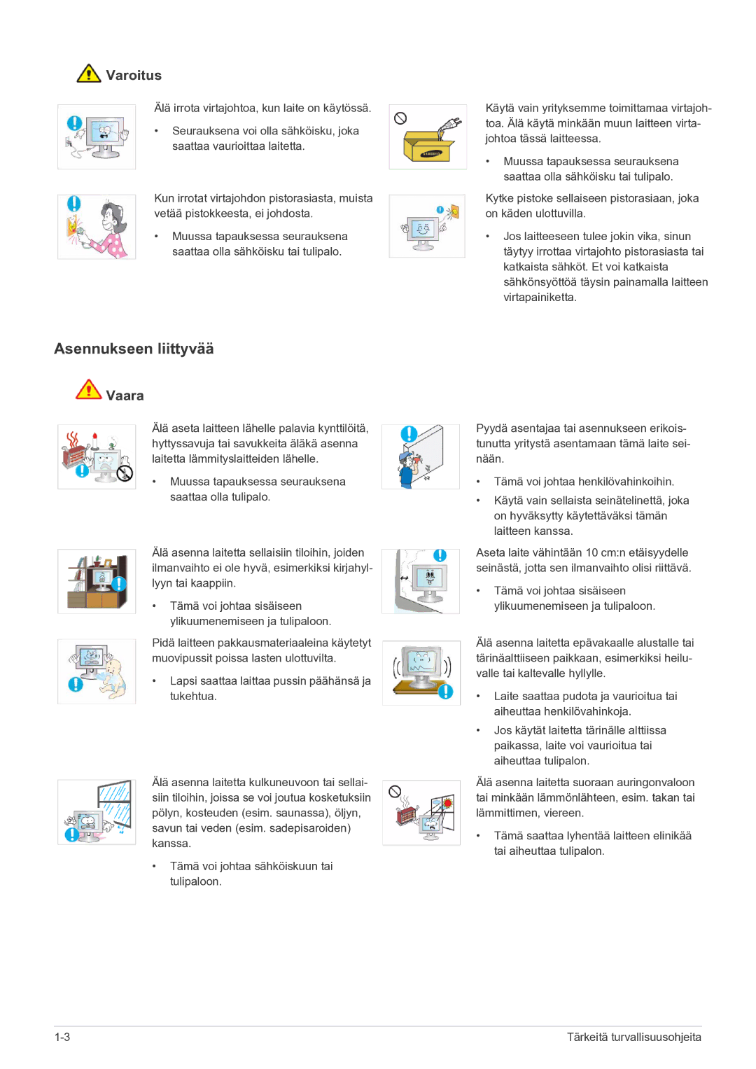 Samsung LS20CFVKF/XE manual Asennukseen liittyvää, Varoitus 