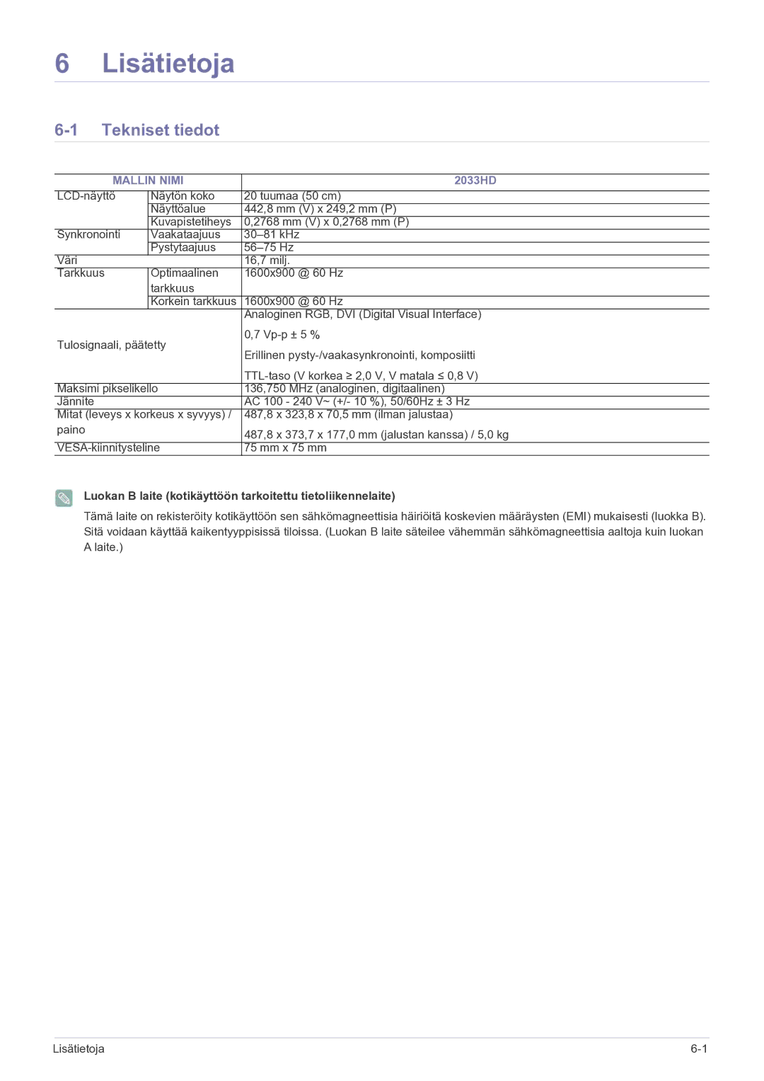 Samsung LS20CFVKF/XE manual Tekniset tiedot, Mallin Nimi, Luokan B laite kotikäyttöön tarkoitettu tietoliikennelaite 