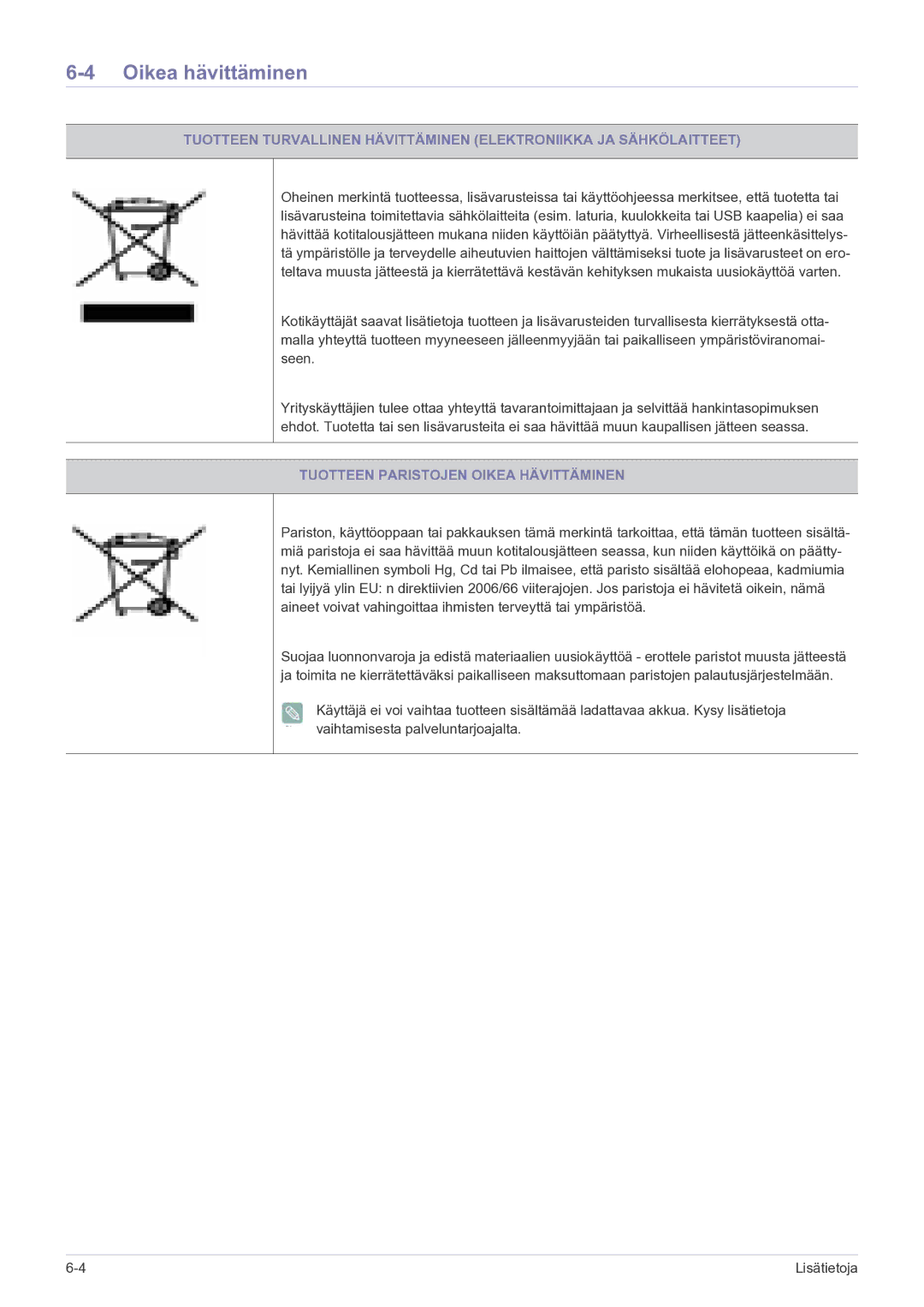 Samsung LS20CFVKF/XE manual Oikea hävittäminen, Tuotteen Paristojen Oikea Hävittäminen 