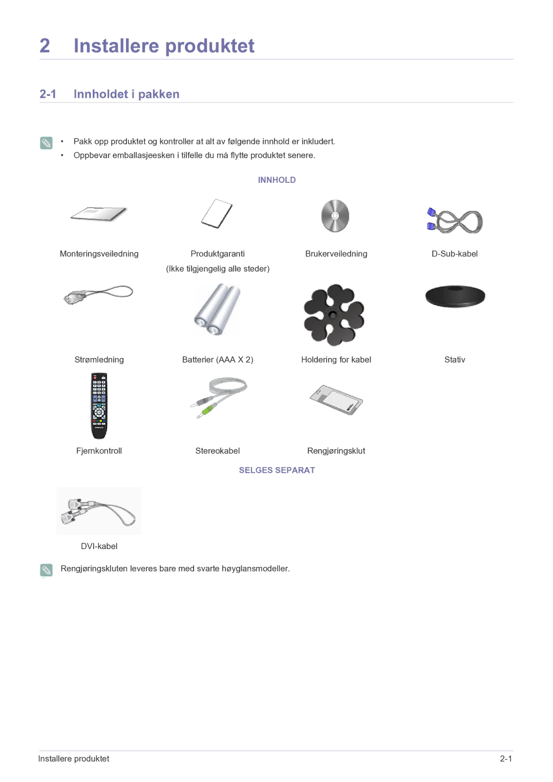 Samsung LS20CFVKF/XE manual Innholdet i pakken, Selges Separat 