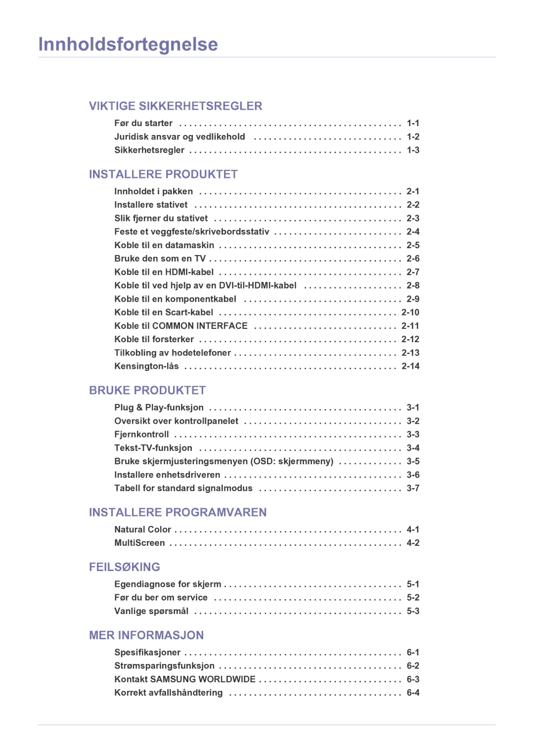 Samsung LS20CFVKF/XE manual Innholdsfortegnelse, Natural Color -1 MultiScreen 