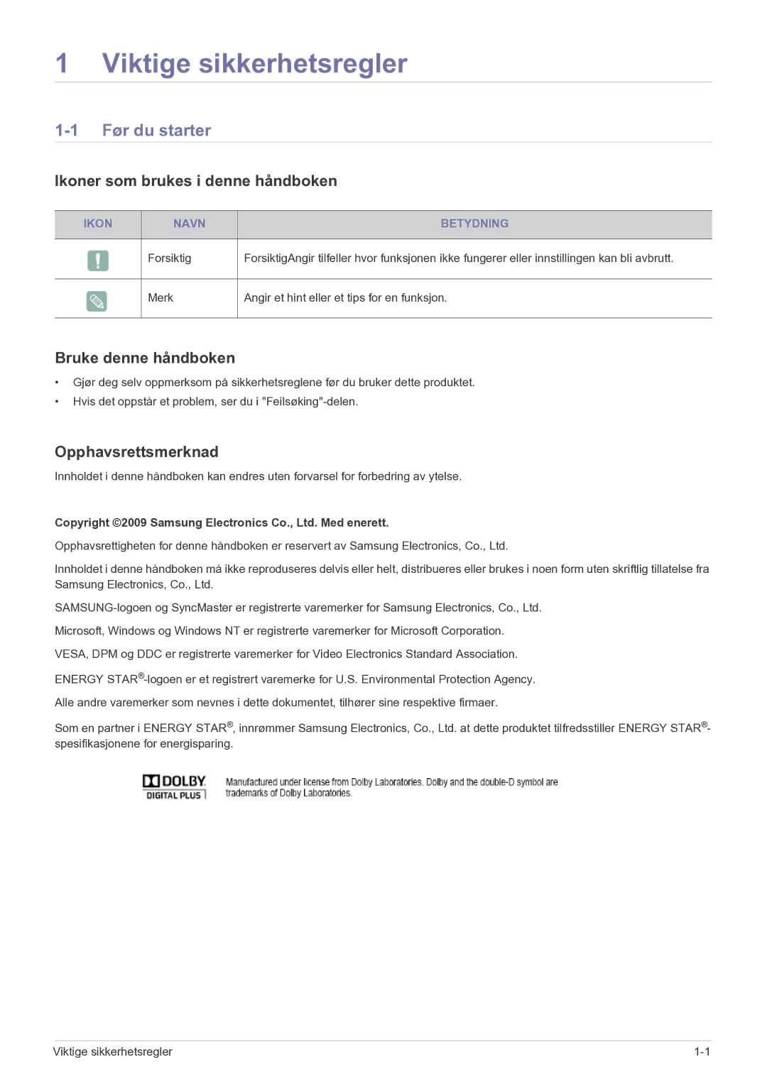 Samsung LS20CFVKF/XE manual Før du starter, Ikoner som brukes i denne håndboken, Bruke denne håndboken, Opphavsrettsmerknad 