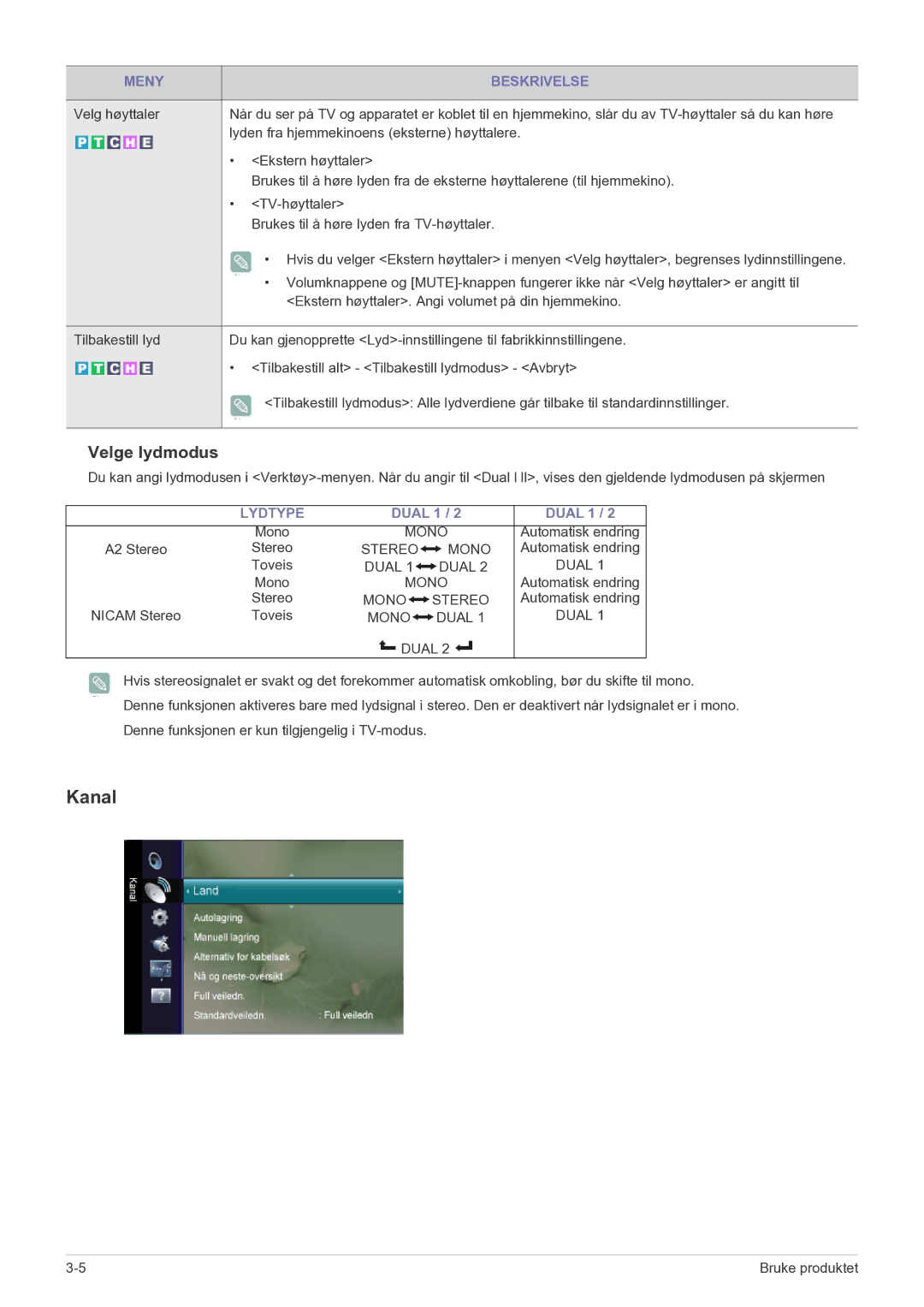 Samsung LS20CFVKF/XE manual Kanal, Lydtype 