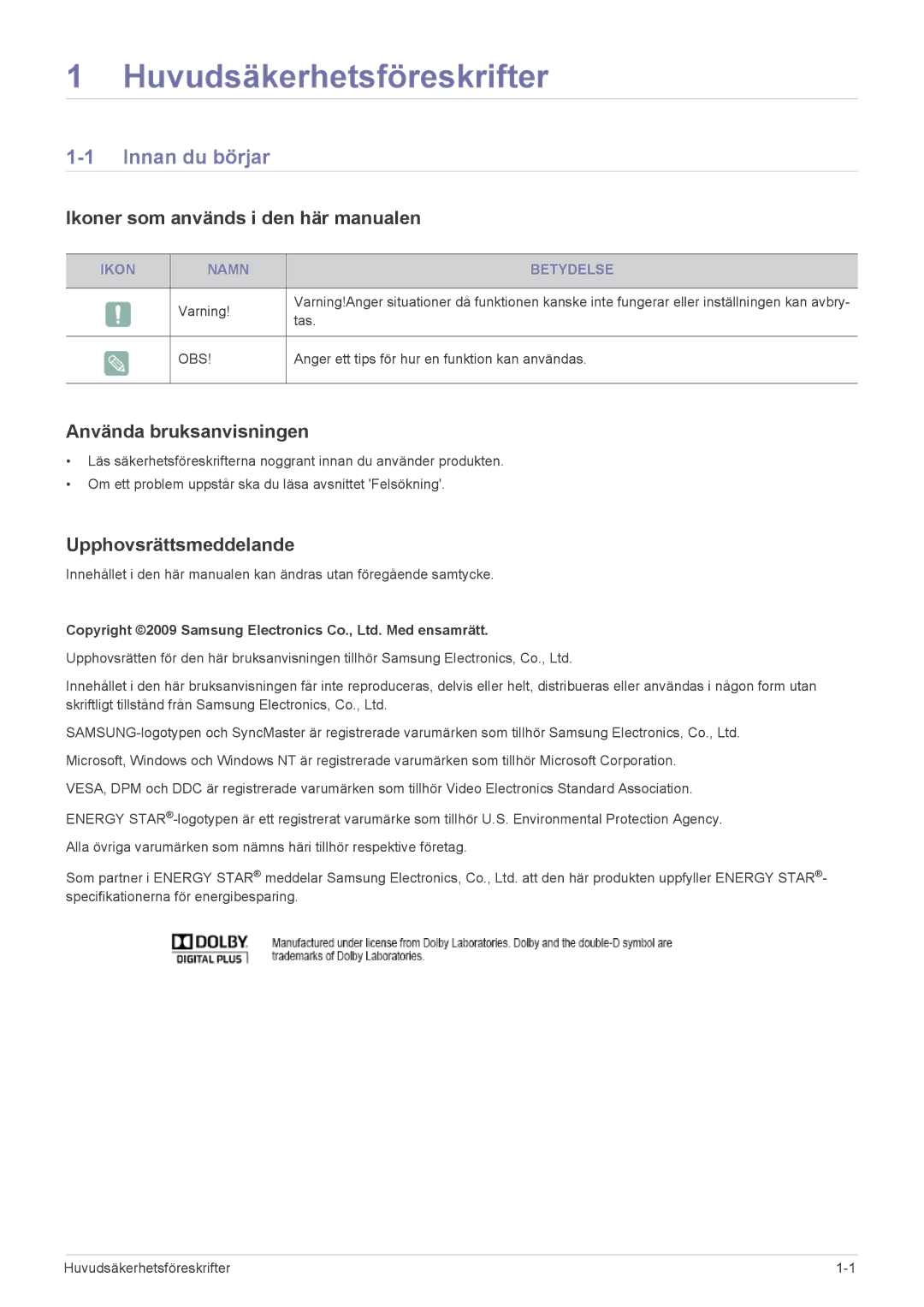 Samsung LS20CFVKF/XE Innan du börjar, Ikoner som används i den här manualen, Använda bruksanvisningen, Ikon Namn Betydelse 