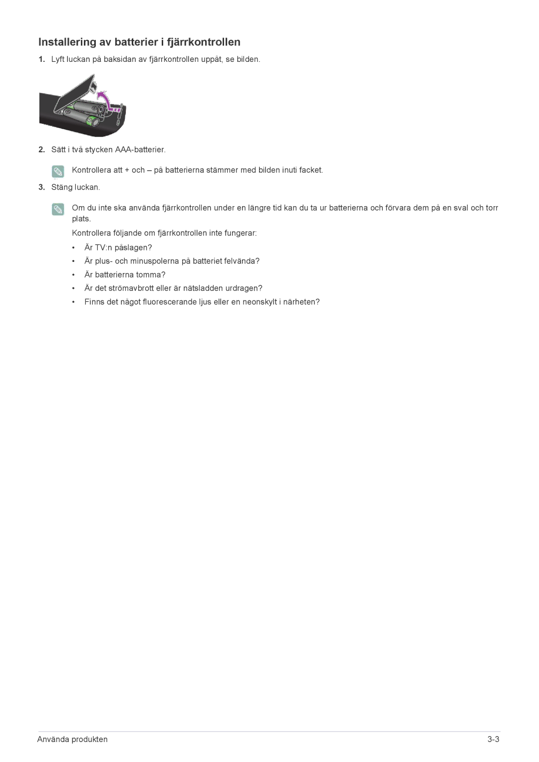 Samsung LS20CFVKF/XE manual Installering av batterier i fjärrkontrollen 