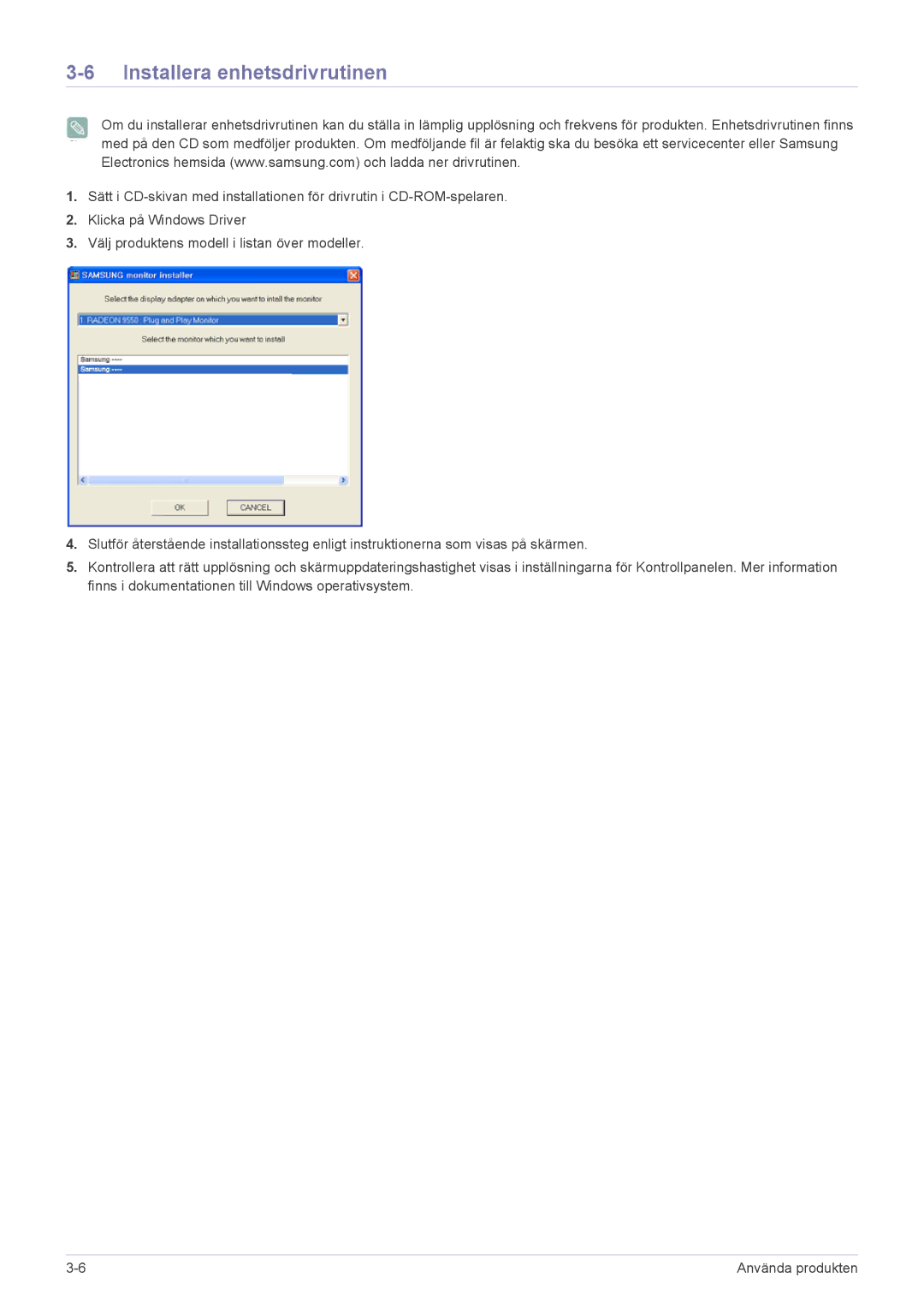 Samsung LS20CFVKF/XE manual Installera enhetsdrivrutinen 