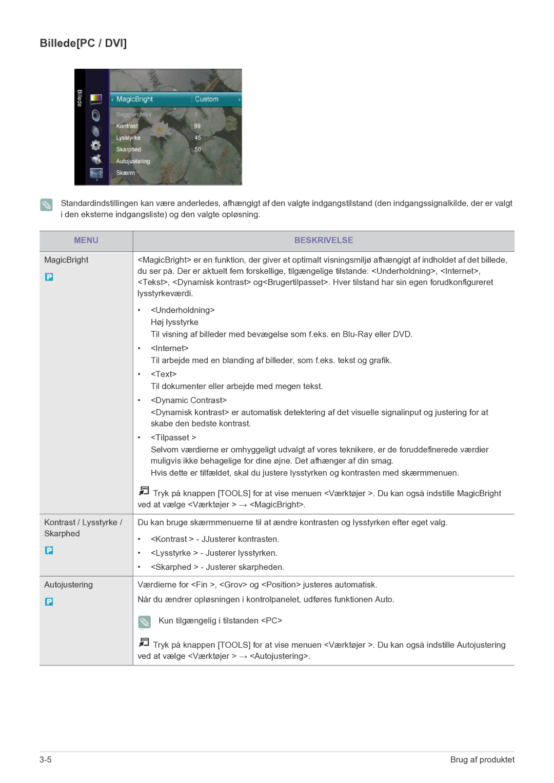 Samsung LS20CFVKF/XE manual BilledePC / DVI, Menu Beskrivelse 