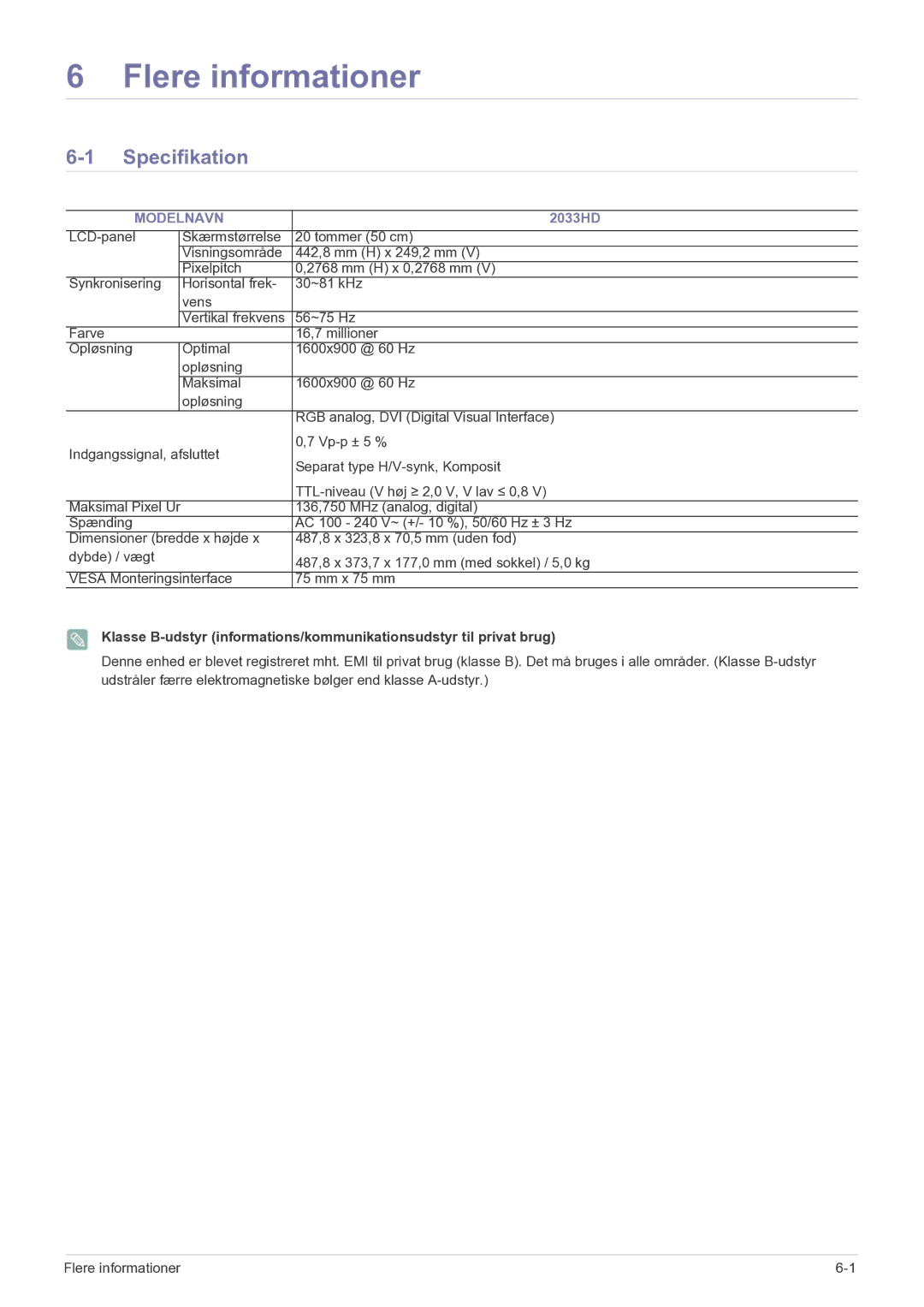 Samsung LS20CFVKF/XE manual Specifikation, Modelnavn 