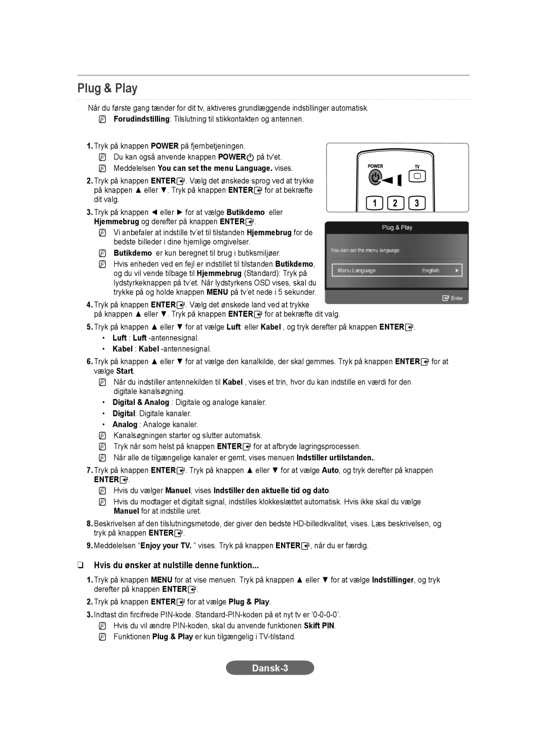 Samsung LS20CFVKF/XE manual Hvis du ønsker at nulstille denne funktion, NN Meddelelsen You can set the menu Language. vises 