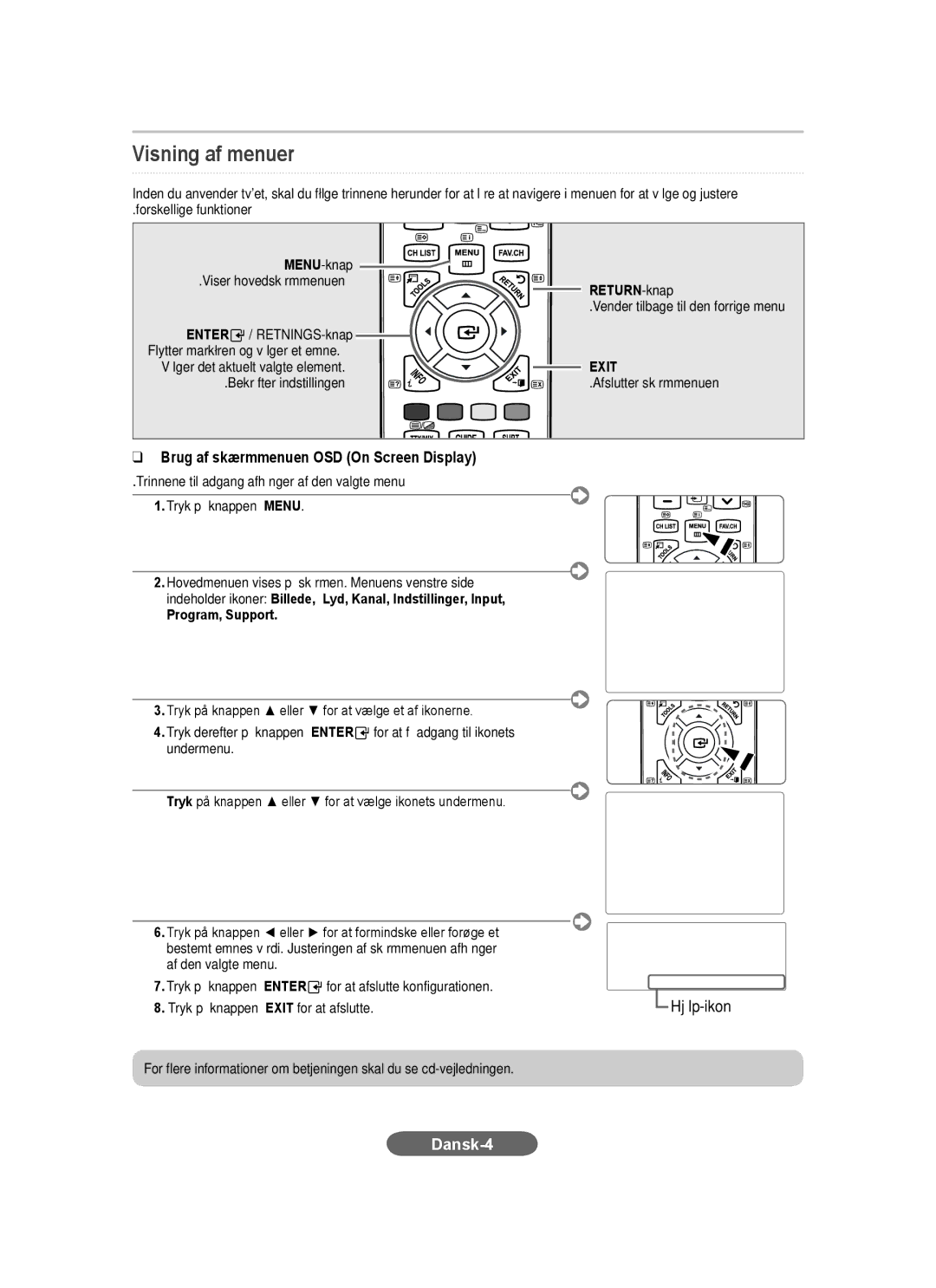 Samsung LS20CFVKF/XE manual Visning af menuer, Brug af skærmmenuen OSD On Screen Display, RETURN-knap, Program, Support 