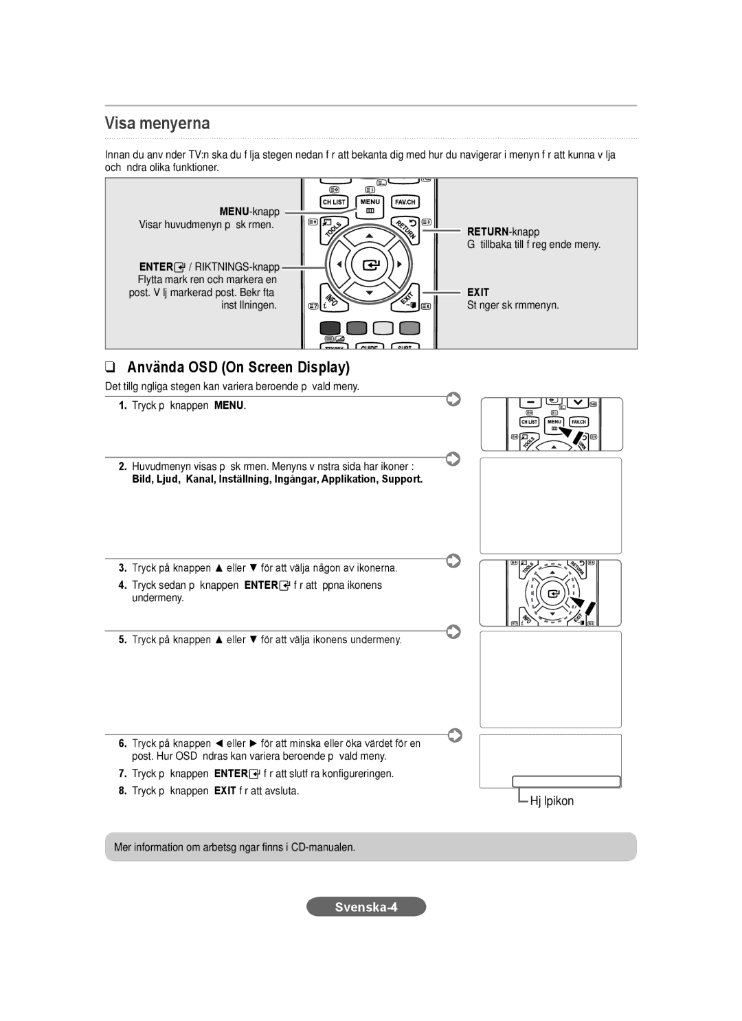 Samsung LS20CFVKF/XE manual Visa menyerna, Använda OSD On Screen Display 