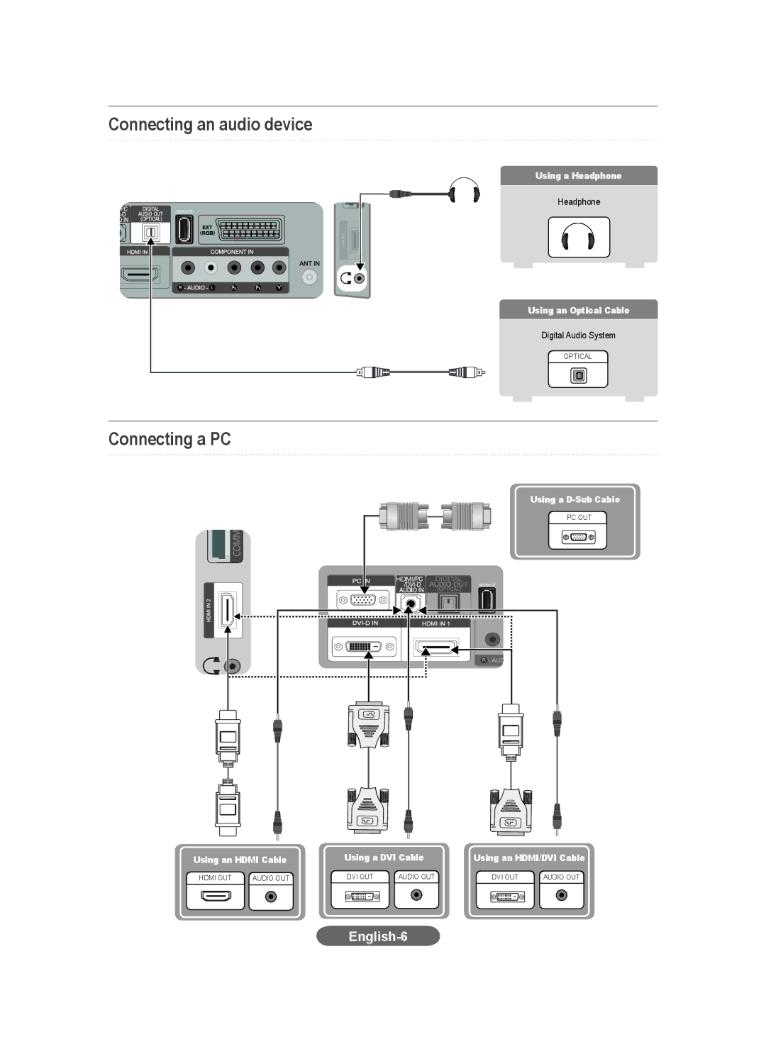 Samsung LS20CFVKF/XE manual Connecting an audio device, Connecting a PC 