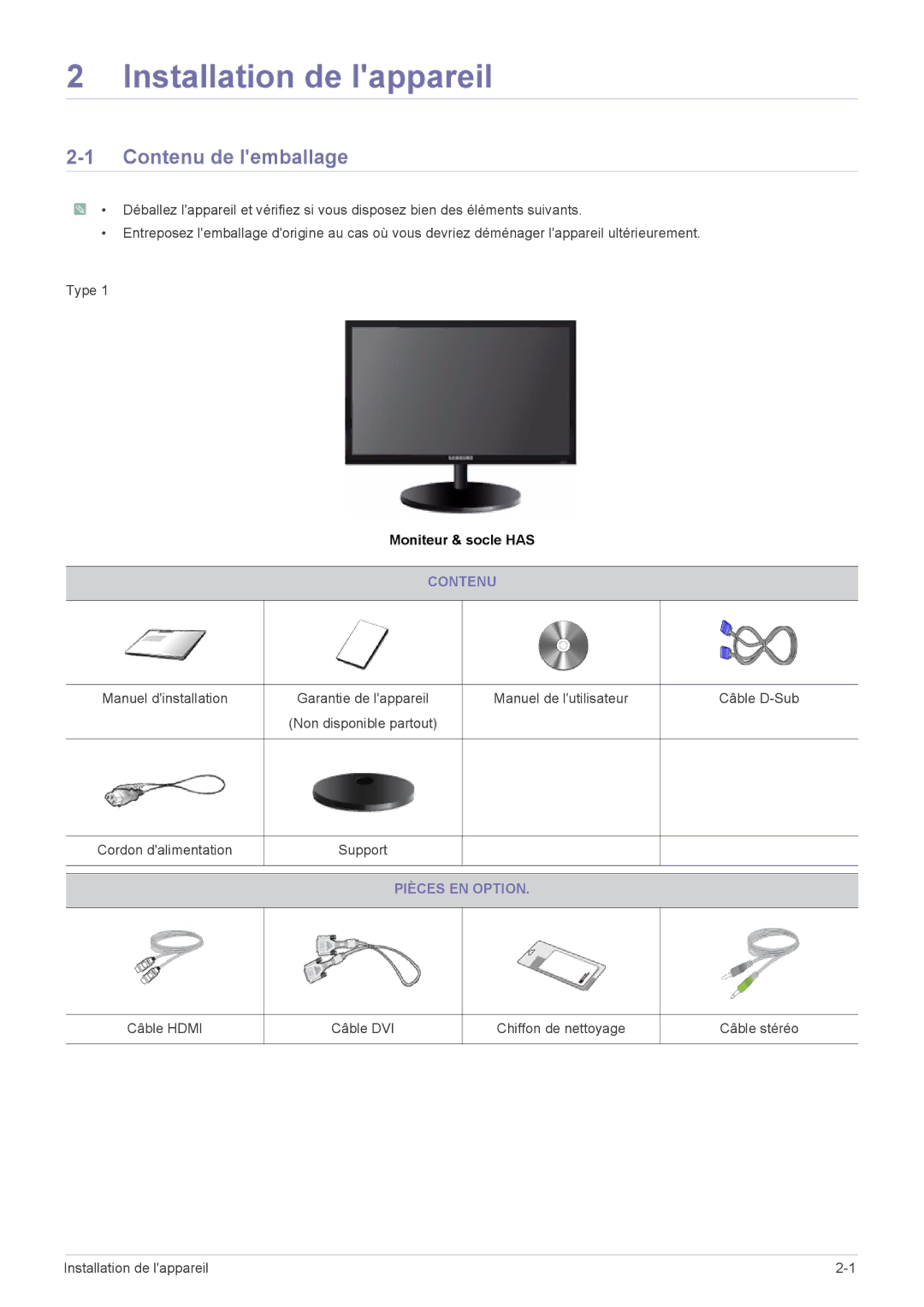 Samsung LS22CBMMBV/EN, LS20CLYSB/EN, LS22CBUMBV/EN, LS19CLYSBUEN manual Installation de lappareil, Contenu de lemballage 