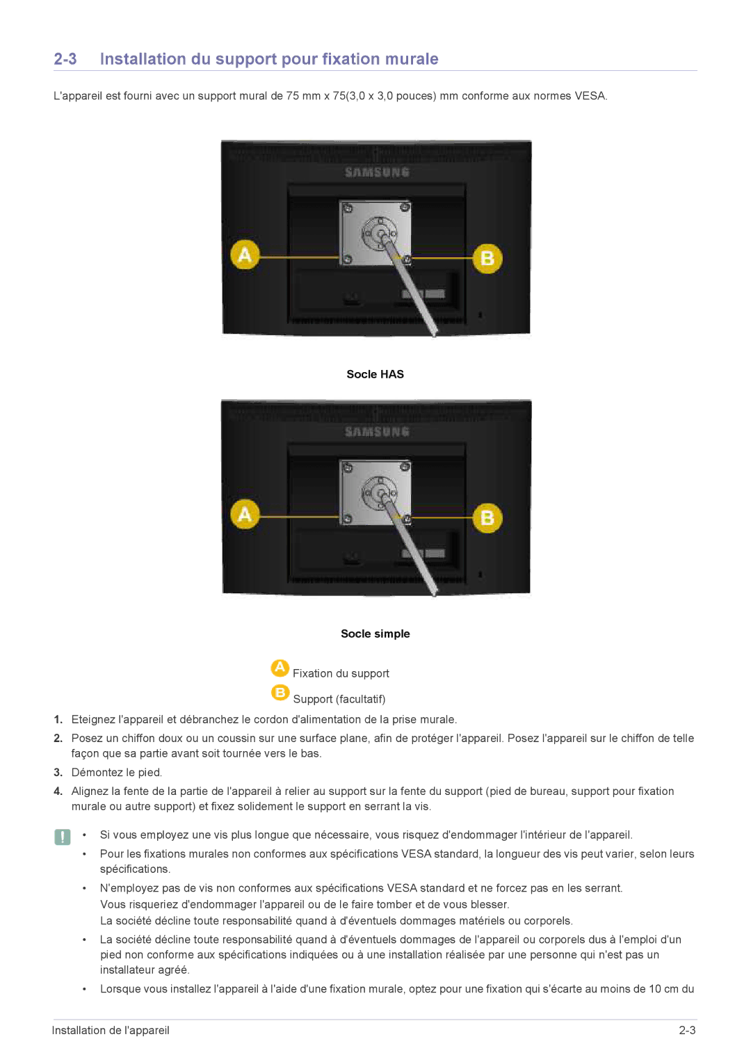 Samsung LS24CBUMBE/EN, LS20CLYSB/EN, LS22CBUMBV/EN Installation du support pour fixation murale, Socle has Socle simple 