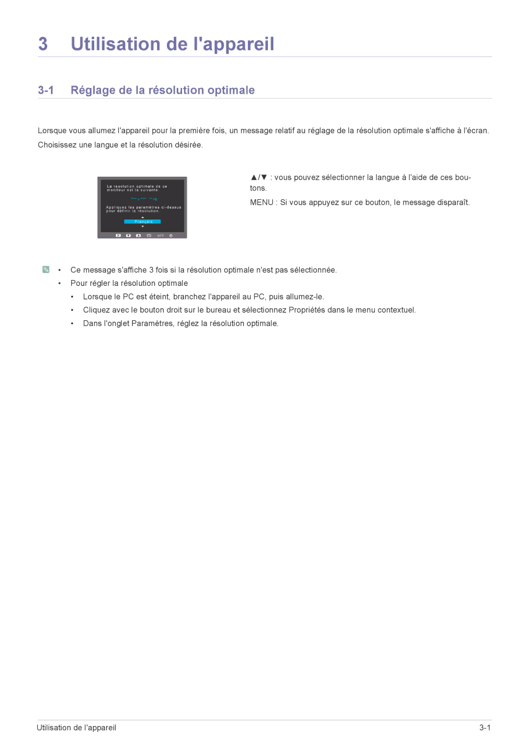 Samsung LS24CBLABV/EN, LS20CLYSB/EN, LS22CBUMBV/EN, LS19CLYSBUEN Utilisation de lappareil, Réglage de la résolution optimale 