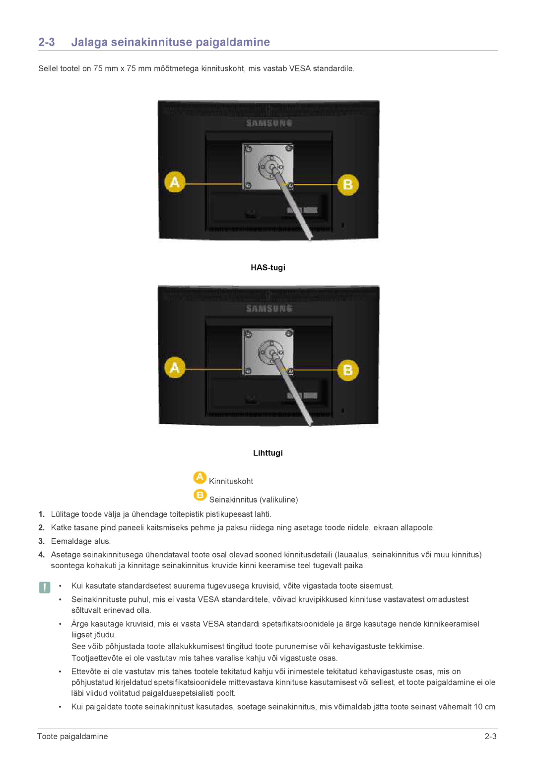 Samsung LS20CLYSB/EN, LS22CBUMBV/EN, LS19CLYSBUEN, LS19CLWSBUEN manual Jalaga seinakinnituse paigaldamine, HAS-tugi Lihttugi 