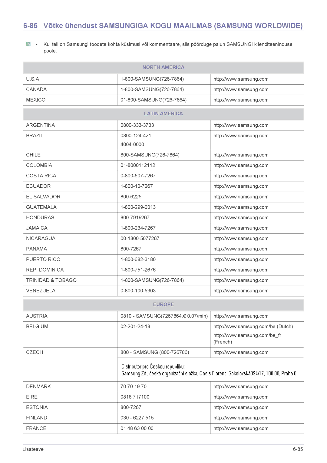 Samsung LS19CLNSB/EN, LS20CLYSB/EN, LS22CBUMBV/EN, LS19CLYSBUEN 85 Võtke ühendust Samsungiga Kogu Maailmas Samsung Worldwide 