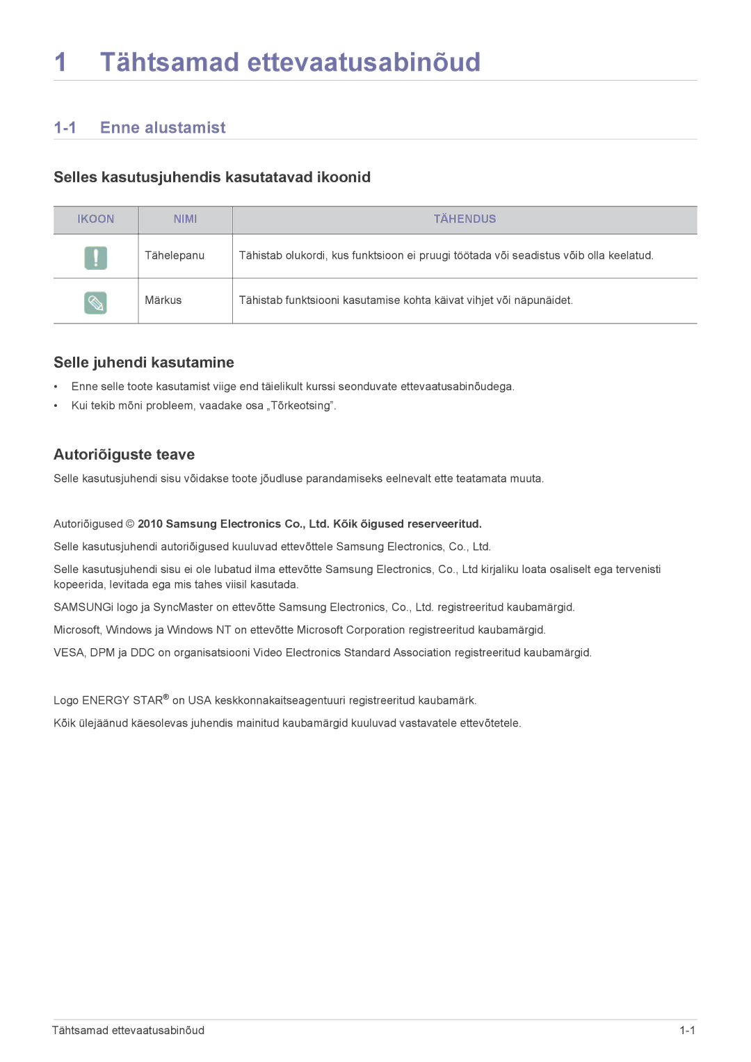 Samsung LS23CBUMBV/EN, LS20CLYSB/EN, LS22CBUMBV/EN, LS19CLYSBUEN, LS19CLWSBUEN Tähtsamad ettevaatusabinõud, Enne alustamist 