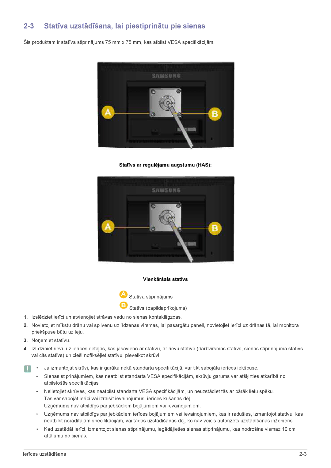 Samsung LS20CLYSB/EN, LS22CBUMBV/EN, LS19CLYSBUEN, LS19CLWSBUEN manual Statīva uzstādīšana, lai piestiprinātu pie sienas 