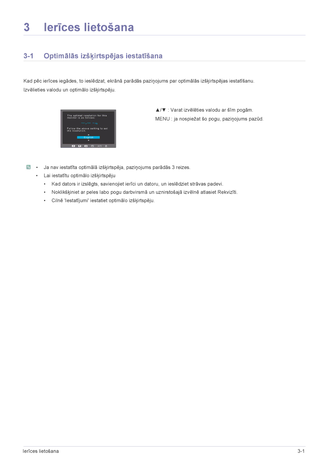 Samsung LS20CLYSB/EN, LS22CBUMBV/EN, LS19CLYSBUEN, LS19CLWSBUEN manual Ierīces lietošana, Optimālās izšķirtspējas iestatīšana 