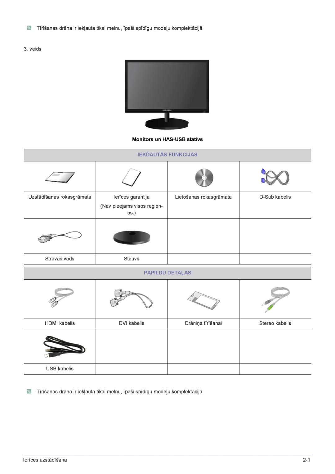 Samsung LS23CBUMBV/EN, LS20CLYSB/EN, LS22CBUMBV/EN manual Monitors un HAS-USB statīvs, Iekďautās Funkcijas, Papildu Detaļas 