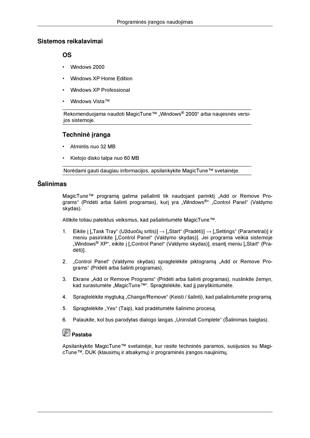 Samsung LS22CMYKF/EN, LS20CMYKF/EN, LS20CMYKFNA/EN manual Sistemos reikalavimai, Techninė įranga, Šalinimas 