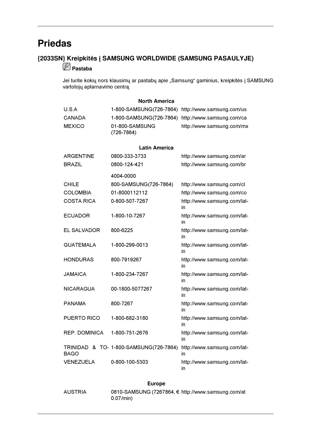 Samsung LS22CMYKF/EN manual Priedas, 2033SN Kreipkitės į Samsung Worldwide Samsung Pasaulyje, North America, Latin America 