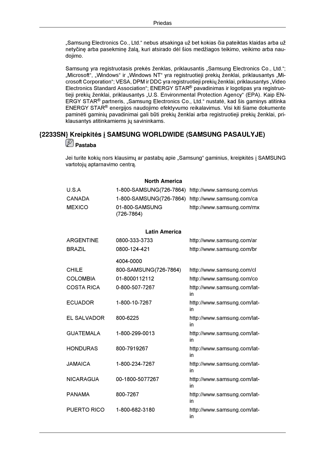 Samsung LS20CMYKFNA/EN, LS20CMYKF/EN, LS22CMYKF/EN manual 2233SN Kreipkitės į Samsung Worldwide Samsung Pasaulyje, Pastaba 