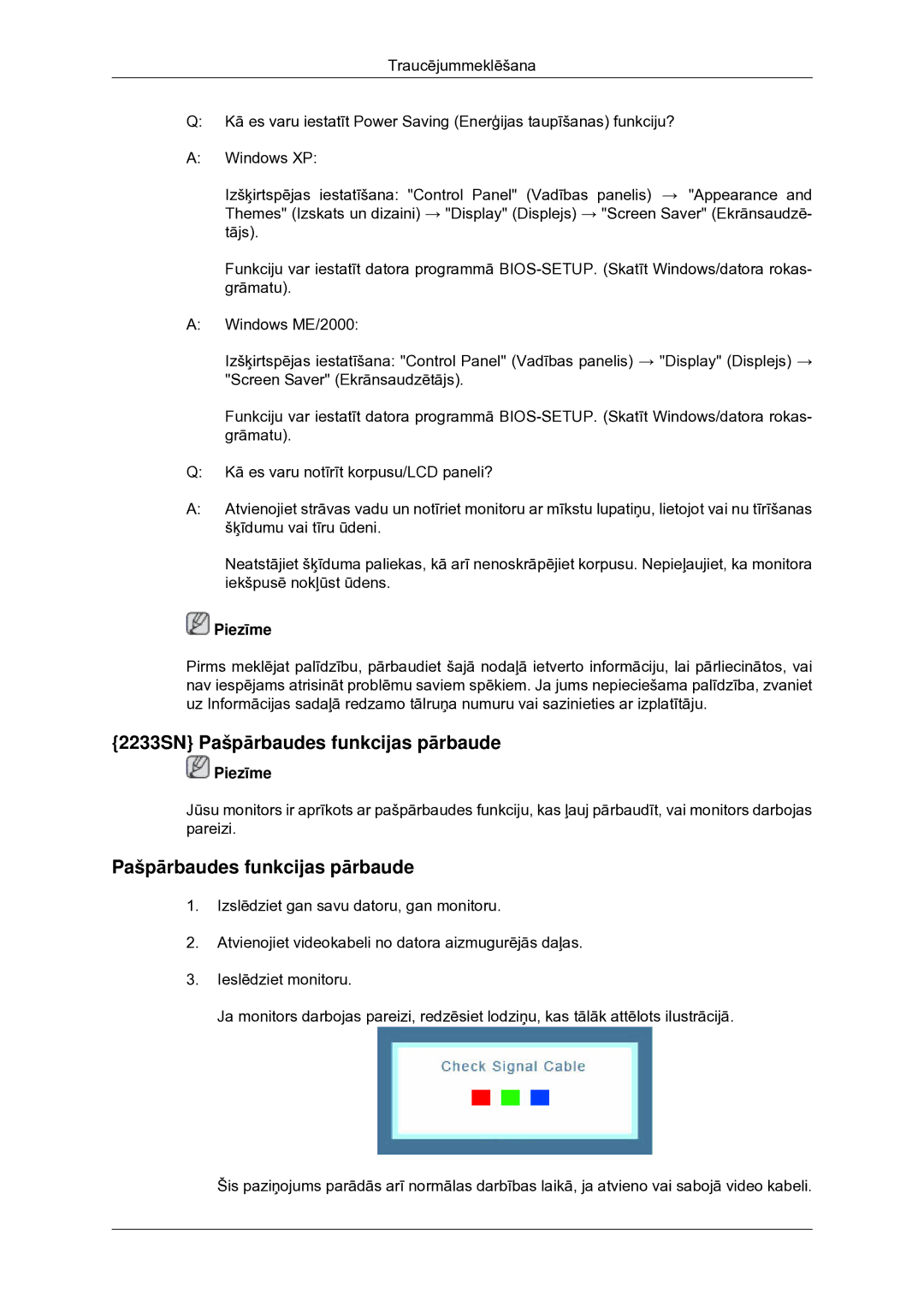 Samsung LS20CMYKF/EN, LS22CMYKF/EN, LS20CMYKFNA/EN manual 2233SN Pašpārbaudes funkcijas pārbaude 